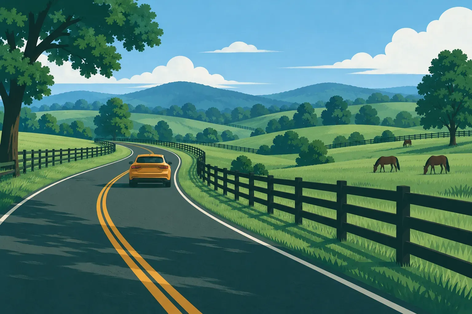 A road through bluegrass pastures with horse fences, a typical landscape of Kentucky