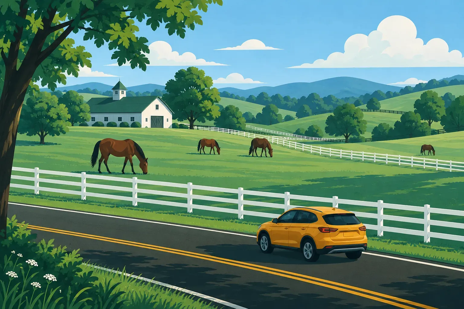 Green bluegrass horse farms with white fences and grazing horses, in Kentucky